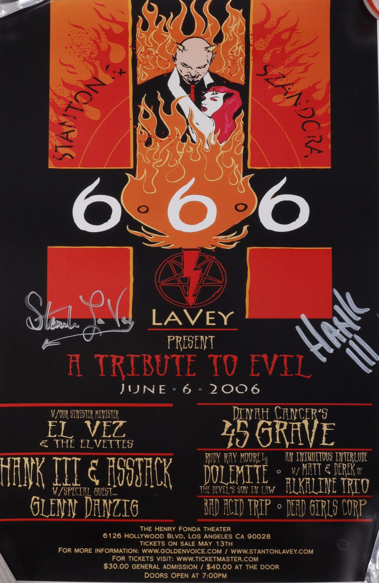 TRIBUTE TO EVIL LAVEY HANK III DANZIG SIGNED: A poster for the 06/06/06 Tribute to Evil/Unholy Nuptials concert hosted by Stanton LaVey & Szandora LaVey, featuring musical guests Glenn Danzig, Hank III & Assjack, Dinah Cancer, and Alkaline Trio,