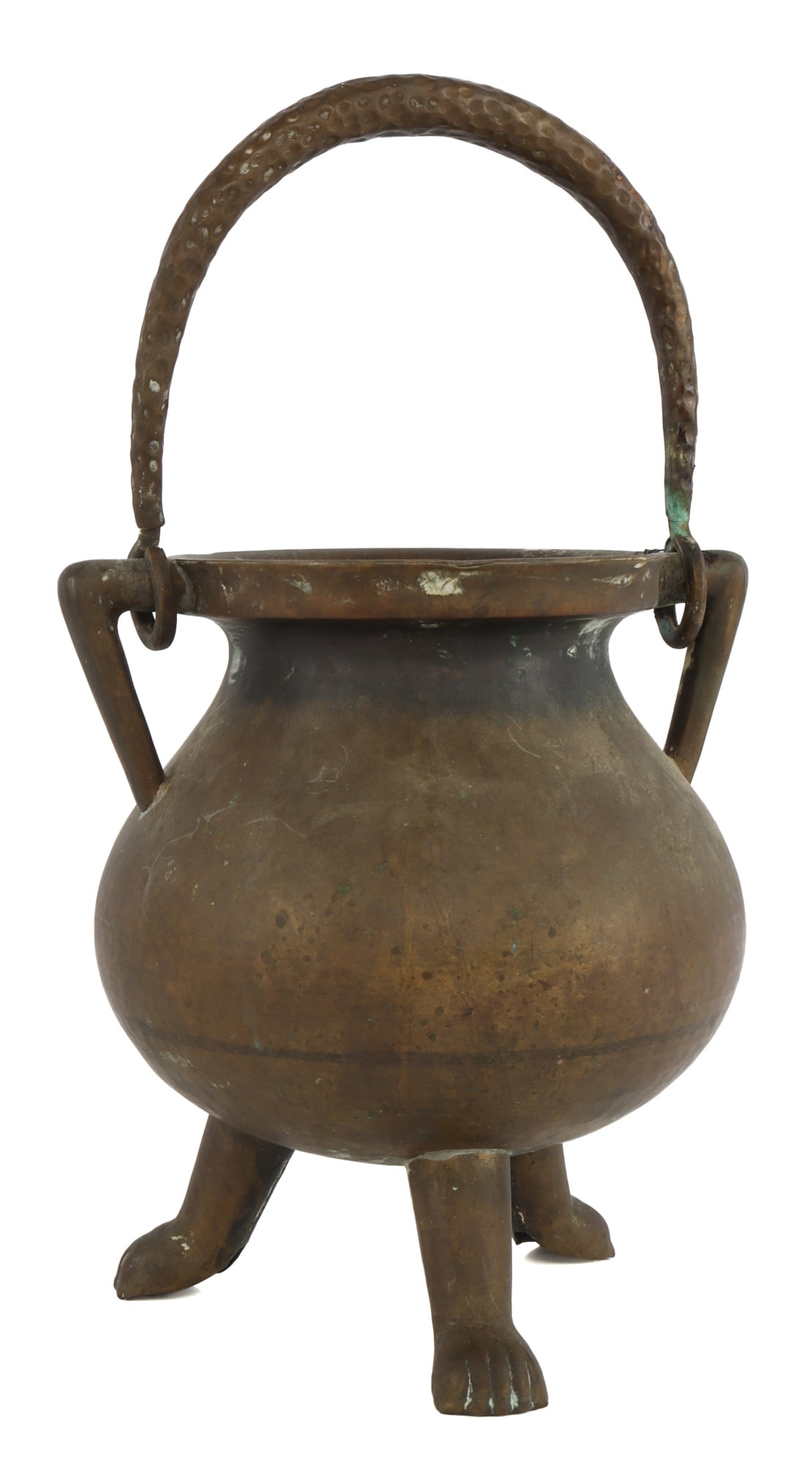 A CHINESE BRONZE TRIPOD VESSEL WITH LION FEET: A Chinese bronze tripod pot with lion claw feet. Unmarked. 8 inch diameter, 9 inches tall. Very good, original condition.