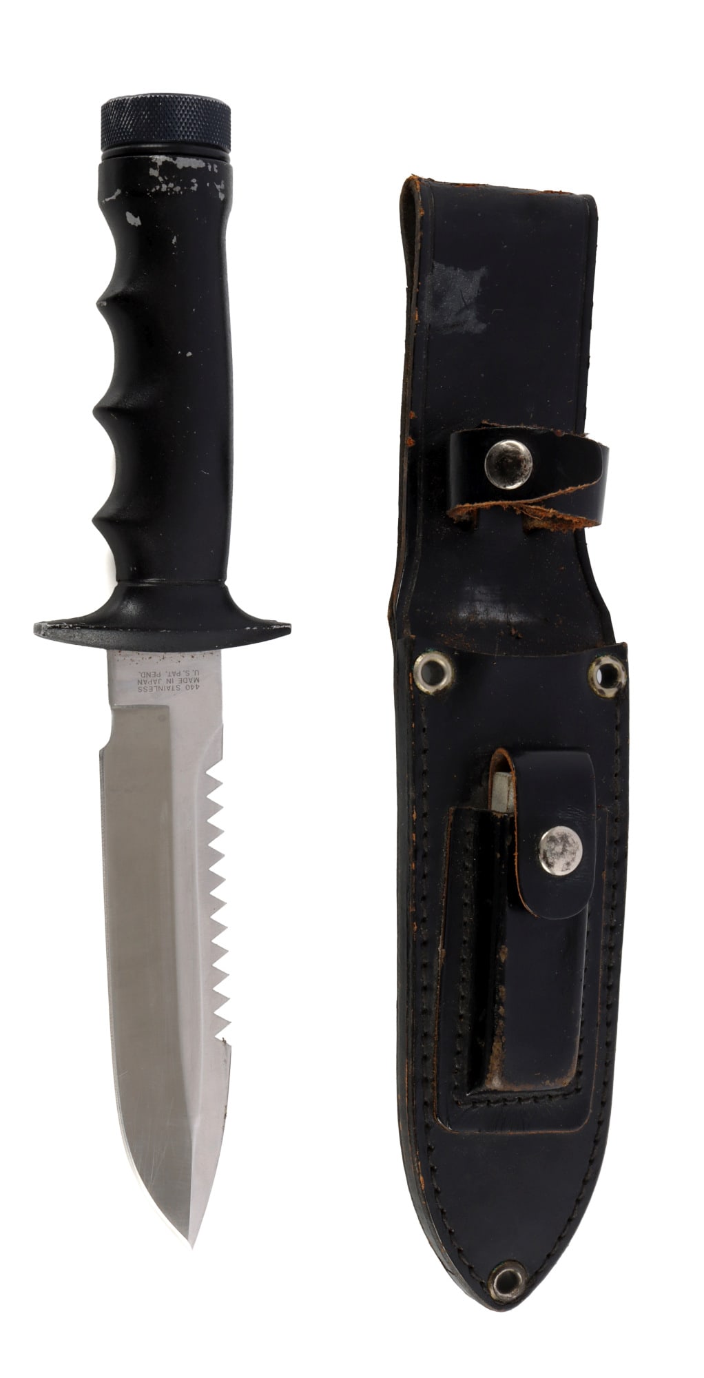 LIFE KNIFE COMMANDO SURVIVAL KNIFE: A Life knife Commando survival knife with screw cap compass on hilt and sawback edge. 11.5 inches total length. Some paint loss on handle. Very good. original condition.