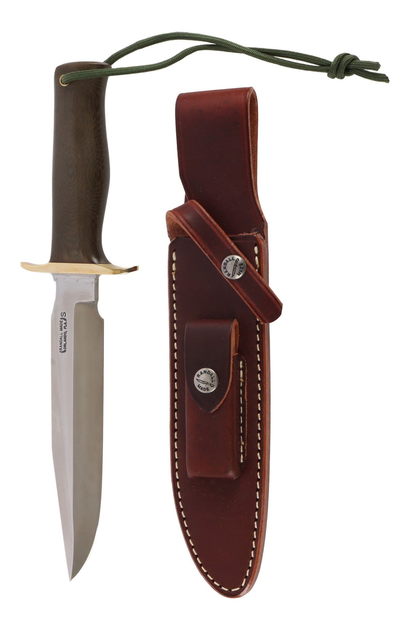 RANDALL MODEL 16 STAINLESS STEEL FIGHTING KNIFE: Stainless steel blade with brass cross guard and green border patrol Micarta grip. Blade measures 7 inches. Never sheathed. Brand new. This lot has a reserve.