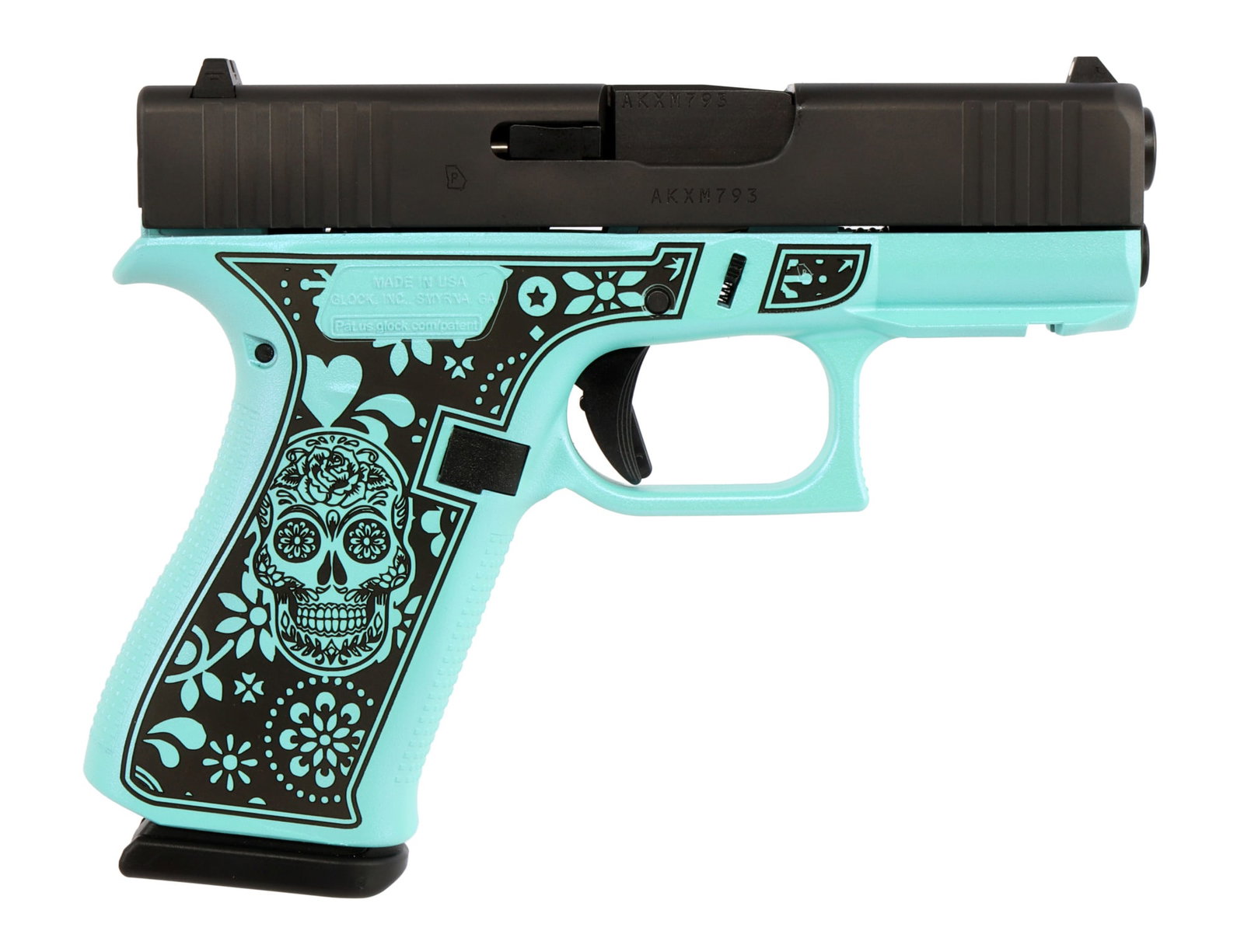 GLOCK 43X SUGAR SKULL GLITTER CERAKOTE 9MM PISTOL: New in box Glock 43X semi-automatic pistol with custom Robin's Egg Blue "Sugar Skull" Cerakote. Includes two (2) 10-round magazines. FFL required for transfer. No international shipping. Know your sta