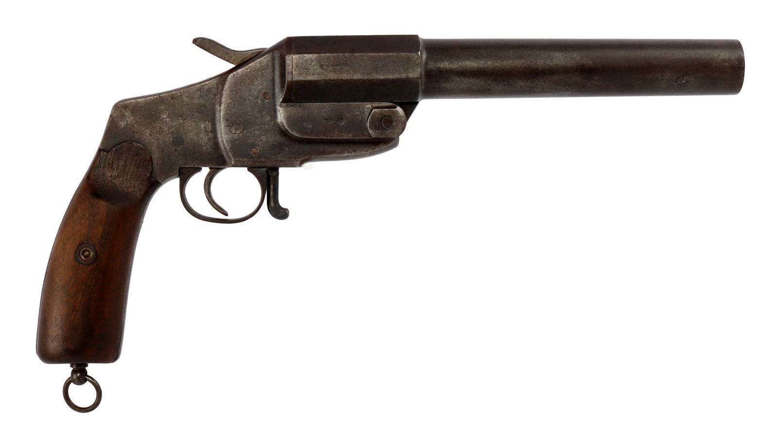 WWI IMPERIAL GERMAN HEBEL FLARE PISTOL M1894: WWI Imperial German Hebel Leuchtpistole Model 1894. 9 3/16-inch barrel, octagon and round. Left of frame marked "11345" and LBJ" for maker Louis B. Julich. Right of frame has Imperial Eagle, crown ove