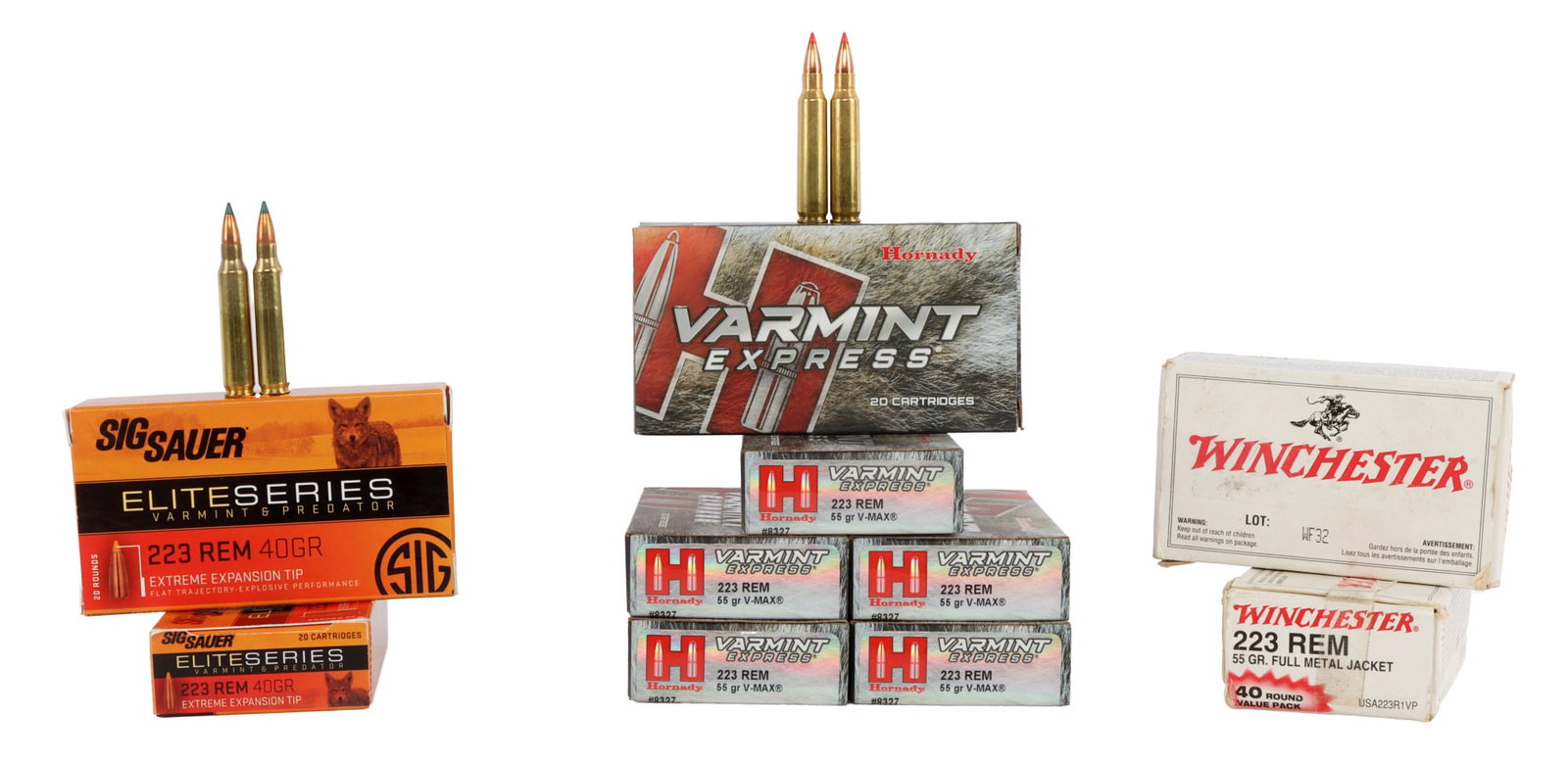240 RDS .223 REM 55GR VARMINT & RANGE AMMO: Lot of 240 rounds factory new .223 Remington centerfire rifle ammo. Includes Hornady Varmint Express 55gr V-MAX, Sig Sauer Elite Series Varmint & Predator 40gr EET and Winchester 55gr FMJ. No internat