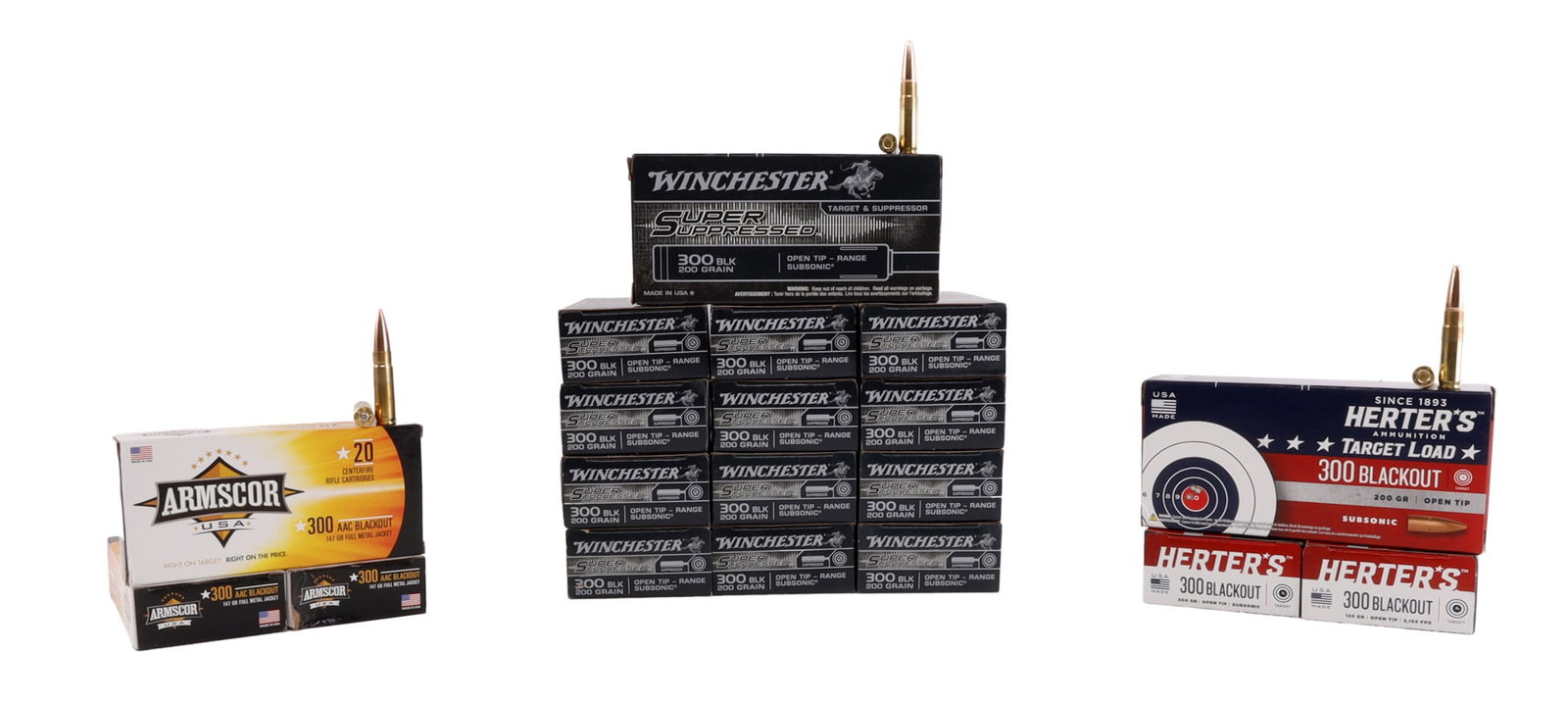 400 ROUNDS 300 BLACKOUT RANGE RIFLE AMMO LOT: Lot includes: 14 Boxes of 20ct Winchester Super Suppressed 300 BLK 200gr Open Tip Range Centerfire Cartridges. 3 Boxes of 20ct Herter's Target Load 300 Blackout 125gr Centerfire Cartridges. 3 Boxes of