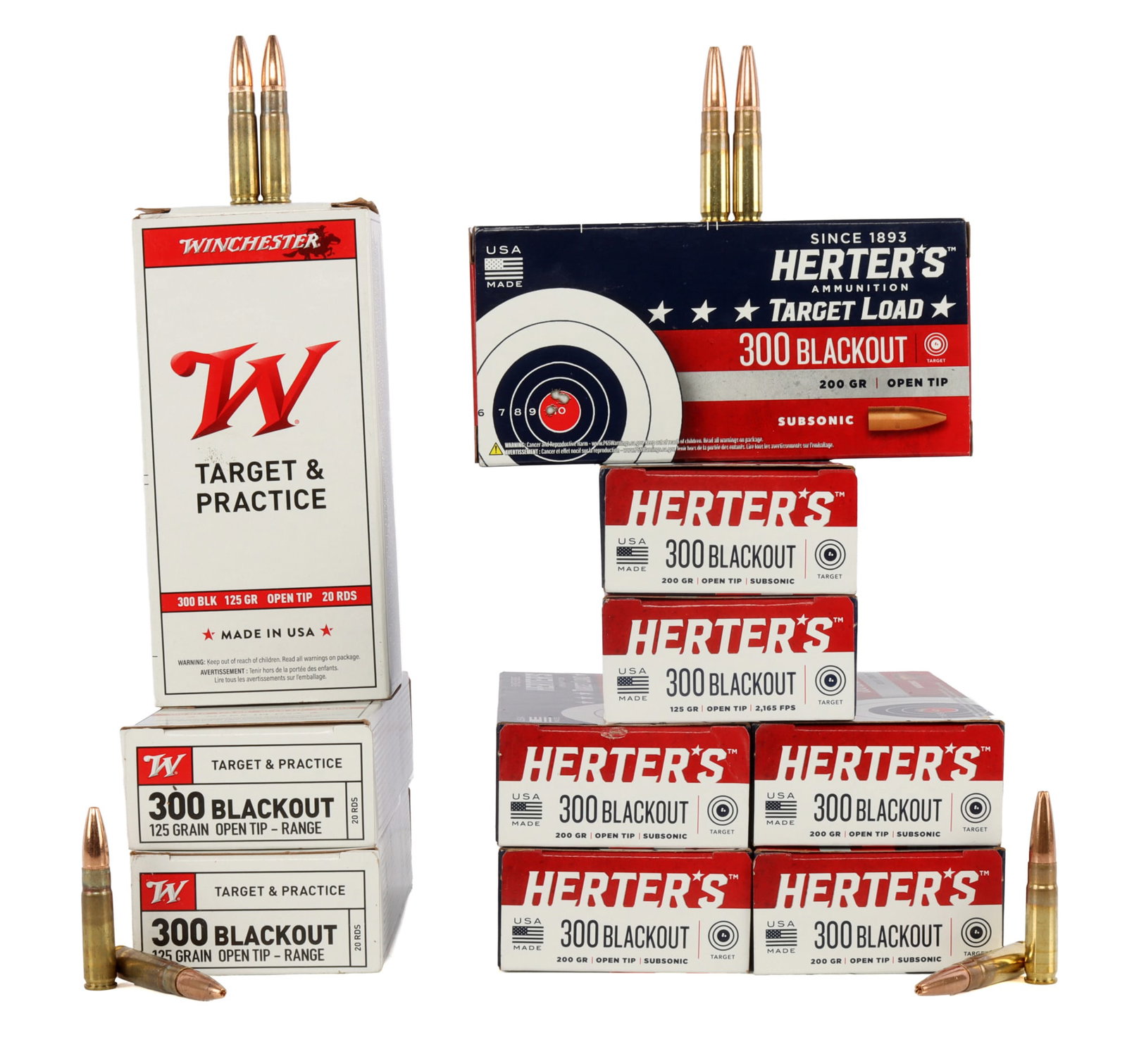 200 ROUNDS .300 BLACKOUT HERTERS & WINCHESTER AMMO: Lot includes 7 boxes of 20 count Herter's .300 Blackout 200 gr. open tip cartridges and 3 boxes of 20 count Winchester .300 Blackout 125 gr. open tip cartridges. New in box. No international shipping.