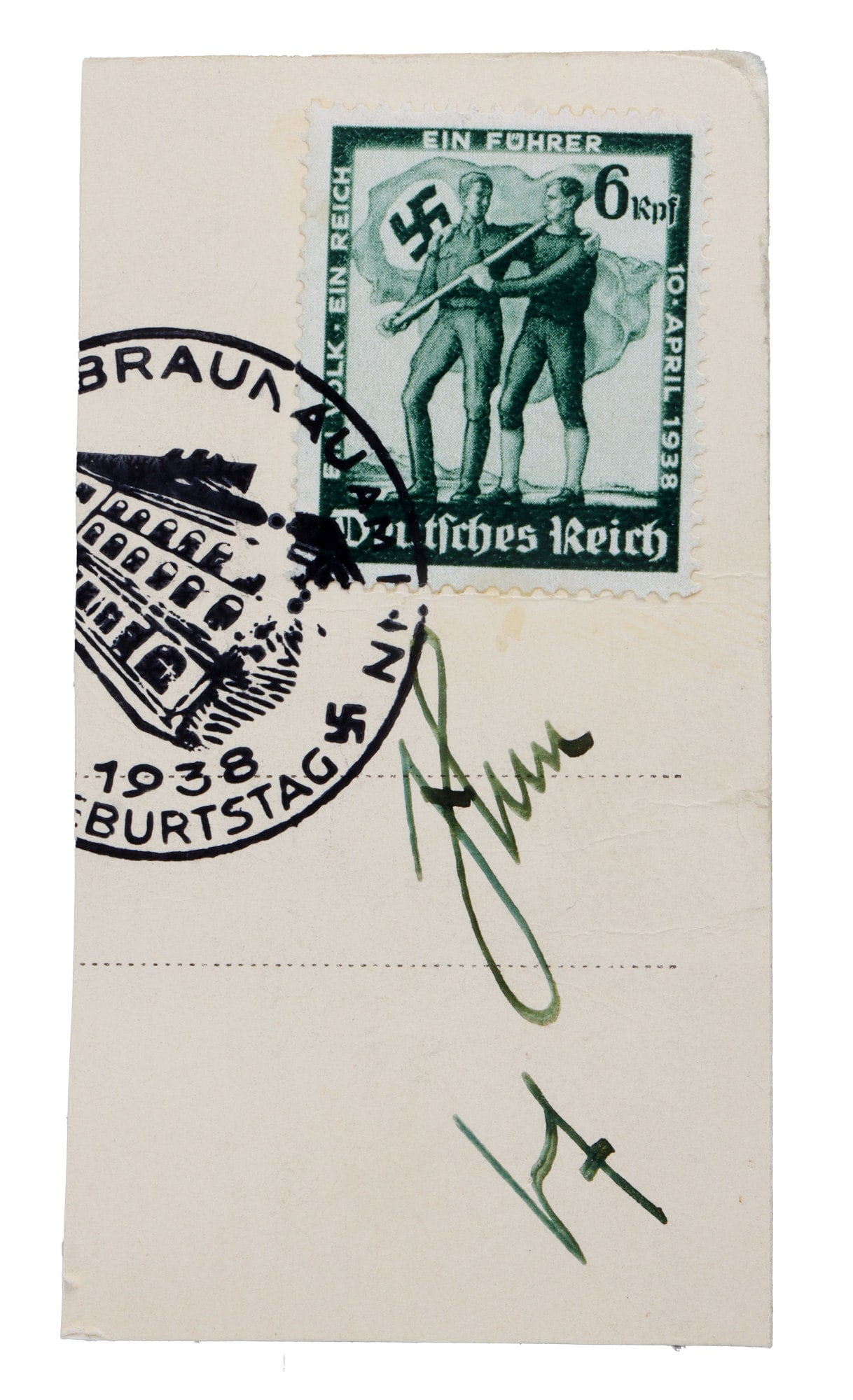 WWII GERMAN THIRD REICH CUT SIGNATURE ADOLF HITLER: A cut signature of Adolf Hitler, Chancellor of the Third Reich and Fuhrer of the NSDAP. This cut signature has been separated from a pasted mounting in an autograph book. Good condition,.