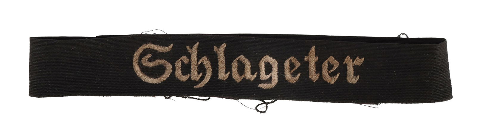 WWII GERMAN SA SCHLAGETER CUFF TITLE: Schlageter Sturmabteilung cuff title. Grey thread embroidered on black ribbed fabric. Partial RZM tag. Measures 22 X 1 inches. Good condition. Fabrics do not fluoresce under UV light.