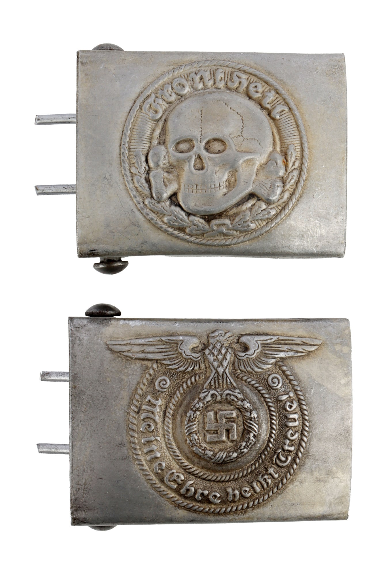 WWII GERMAN THIRD REICH BELT BUCKLES LOT OF 2: 1) Waffen-SS belt buckle with Totenkopf. 2) Waffen-SS belt buckle with "My Honor is Called Loyalty." Unauthenticated, sold as is.