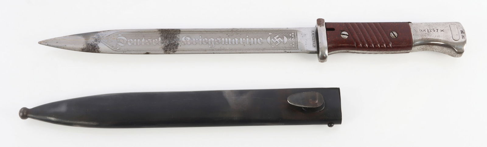 WWII K98 DOUBLE SIDE ENGRAVED KREIGSMARINE BAYONET: Exceptional Bayonet, by F. Herdera, proper marking throughout. One of the finest examples you will find. Unauthenticated, sold as is. This lot has a reserve.
