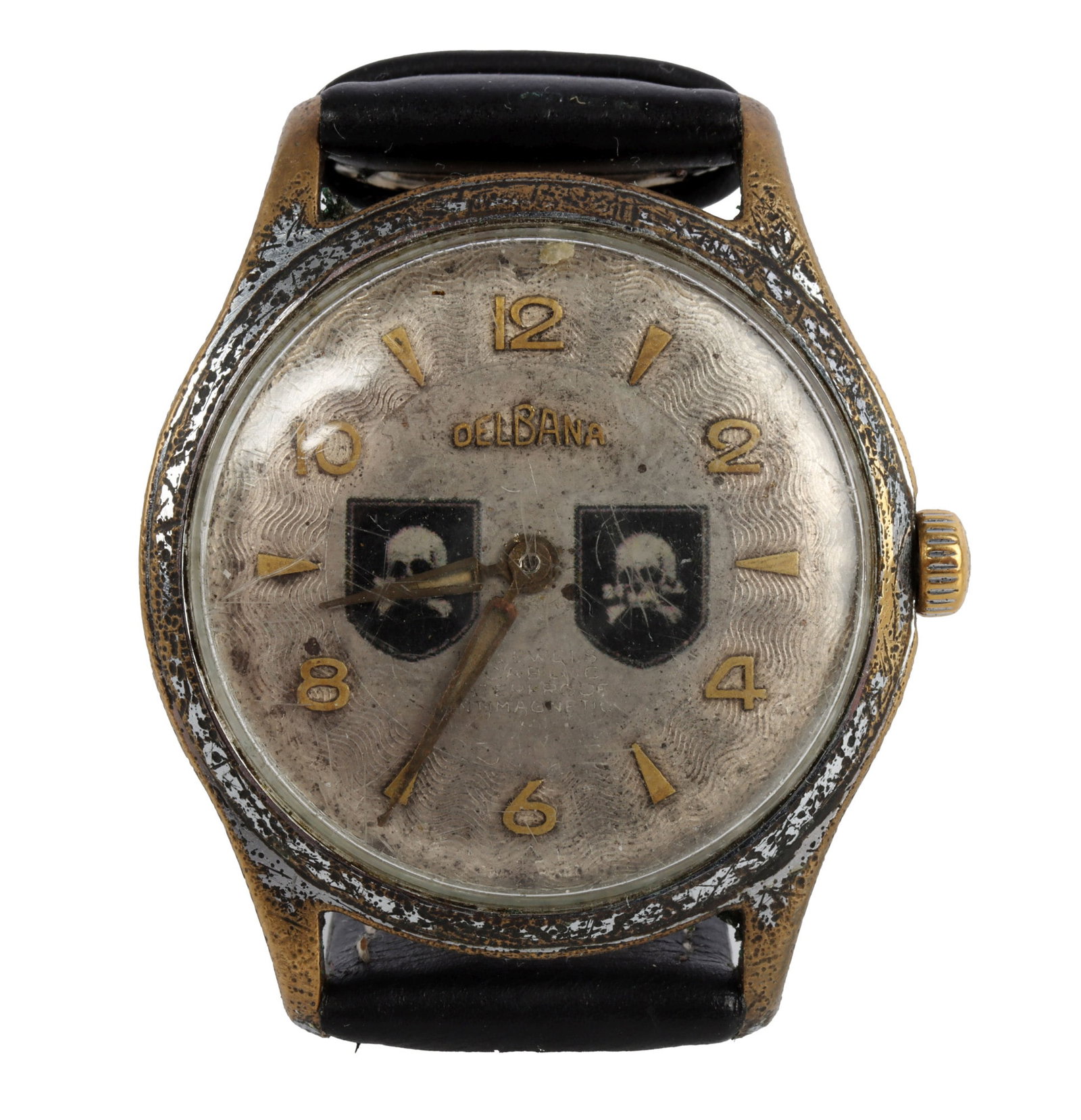 WWII GERMAN THIRD REICH WAFFEN-SS WRIST WATCH: A wristwatch bearing the imagery of the Waffen-SS. Runs. Unauthenticated, sold as is.