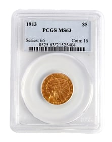 1913 MS63 GRADED GOLD 1914 INDIAN HEAD $5 COIN