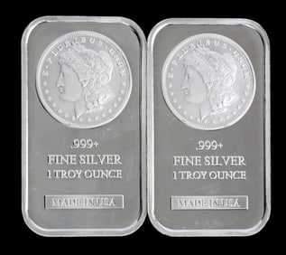 TWO 1 OZT .999 SILVER BULLION BAR MORGAN
