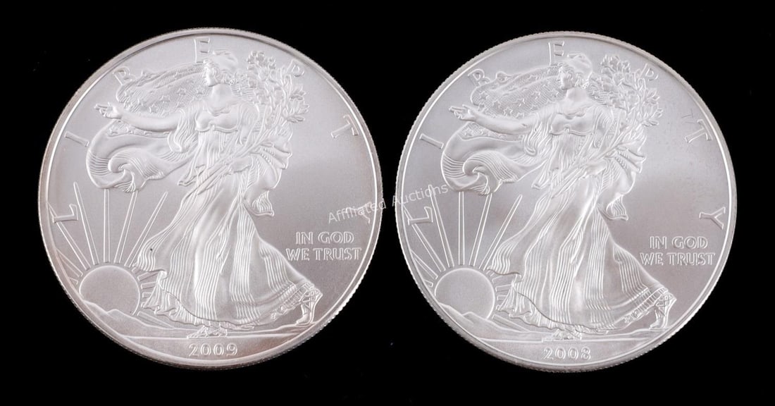 LOT OF 2 ONE OUNCE SILVER AMERICAN EAGLES: Dates include 2008 and 2009 This lot reserved at melt.