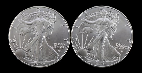 TWO 1 OZT .999 SILVER EAGLE COINS BU 2024