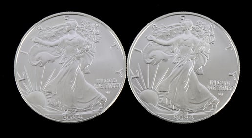 TWO 1 OZT .999 SILVER EAGLE COINS BU 2024