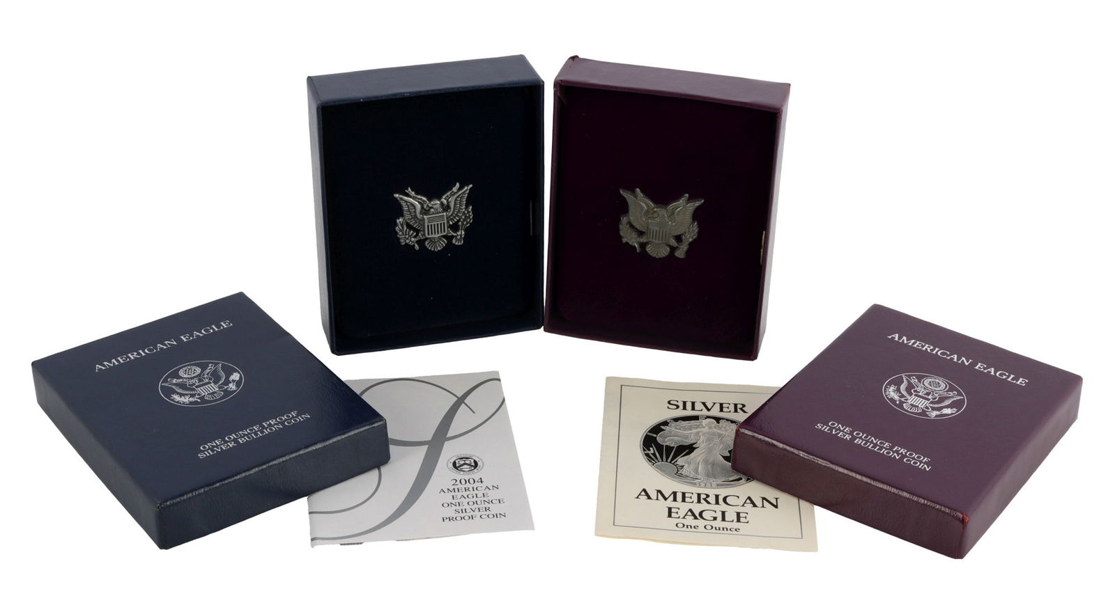 TWO 1 OZT SILVER EAGLE PROOF 1989 & 2004 WITH OGP: Lot of two (2) 1 Ozt US Mint American Eagle Proof bullion coins. Dates 1989 & 2004. With original packaging, papers.