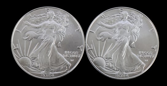 TWO SILVER EAGLES 1 OZT .999 SILVER 2024