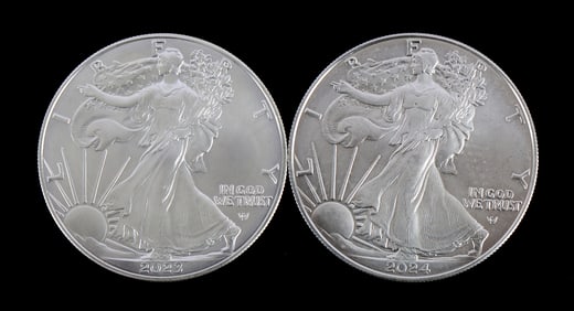 TWO SILVER EAGLES 1 OZT .999 SILVER 2024