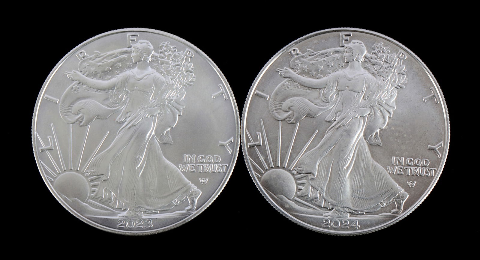 TWO SILVER EAGLES 1 OZT .999 SILVER 2024: Brilliant uncirculated. This lot reserved at melt.
