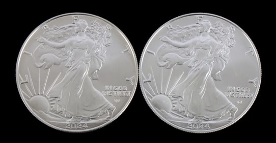 TWO SILVER EAGLES 1 OZT .999 SILVER 2024