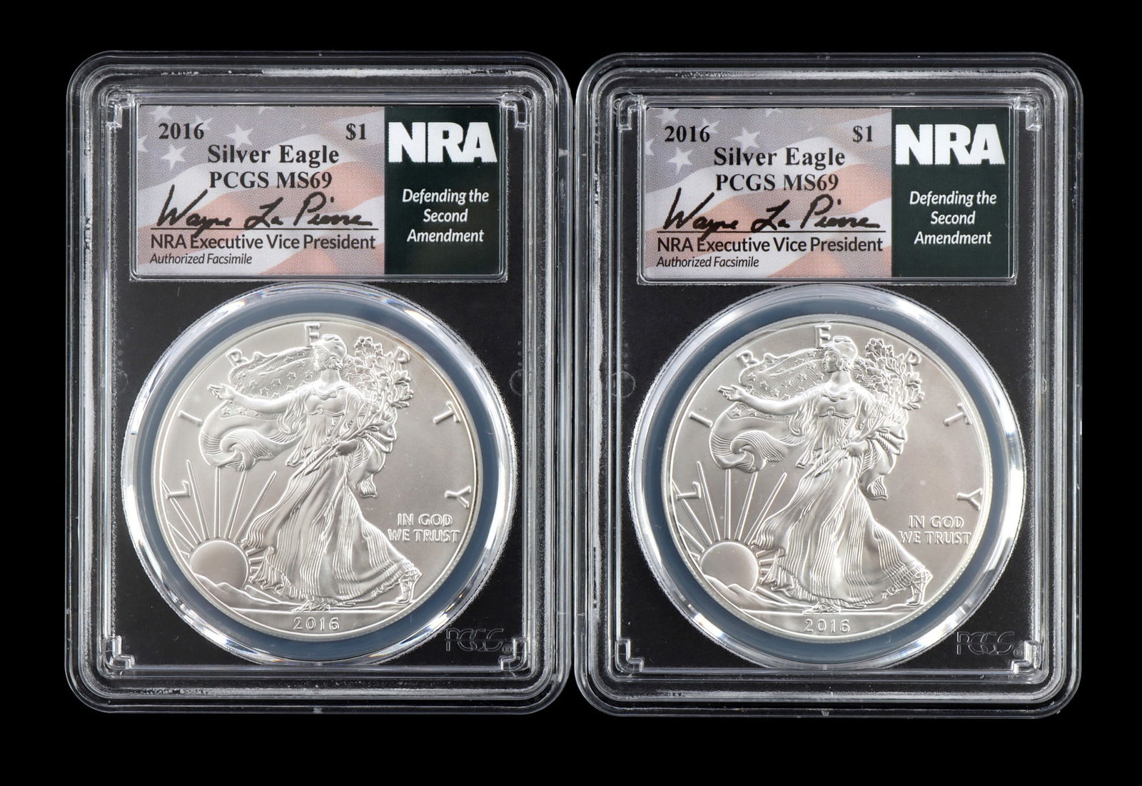 US .999 1 OZT SILVER EAGLES 2016 BU LOT OF 2 NRA: With a facsimile autograph from Wayne LaPierre. Brilliant uncirculated. This lot reserved at melt.