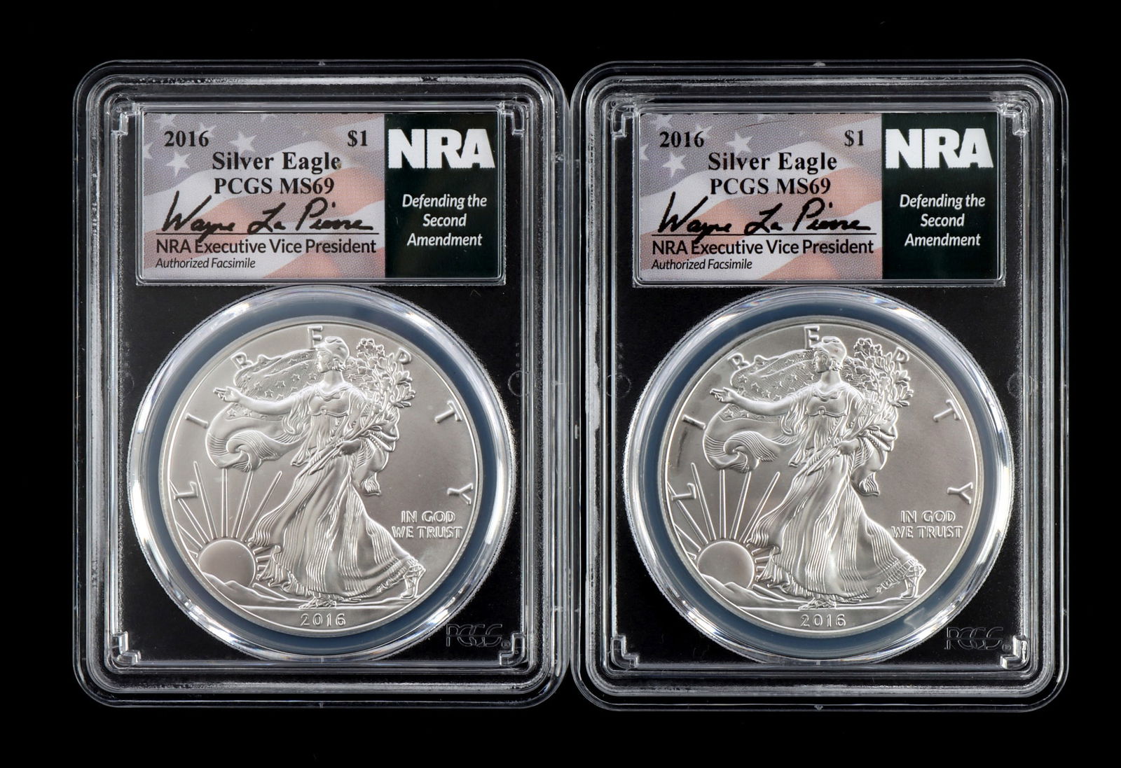 US .999 1 OZT SILVER EAGLES 2016 BU LOT OF 2 NRA: With a facsimile autograph from Wayne LaPierre. Brilliant uncirculated. This lot reserved at melt.