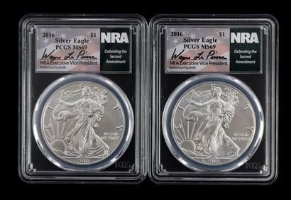 US .999 1 OZT SILVER EAGLES 2016 BU LOT OF 2 NRA