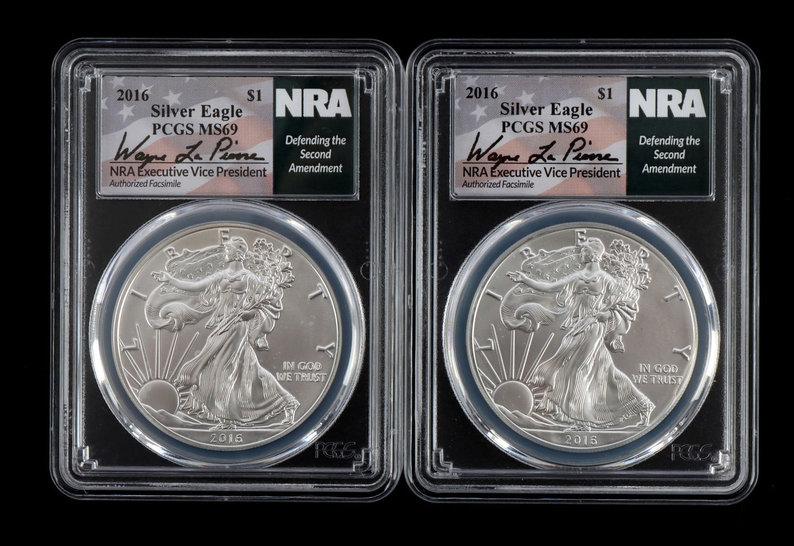 US .999 1 OZT SILVER EAGLES 2016 BU LOT OF 2 NRA: With a facsimile autograph from Wayne LaPierre. Brilliant uncirculated. This lot reserved at melt.