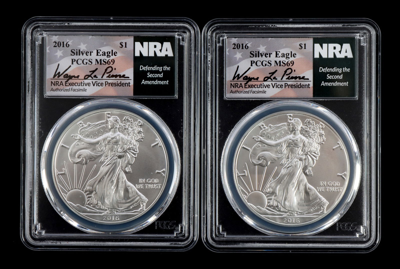 US .999 1 OZT SILVER EAGLES 2016 BU LOT OF 2 NRA: With a facsimile autograph from Wayne LaPierre. Brilliant uncirculated. This lot reserved at melt.