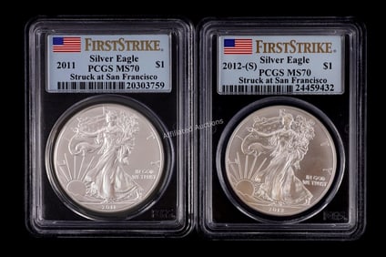 2 FIRST STRIKE PCGS GRADED SILVER AMERICAN EAGLES