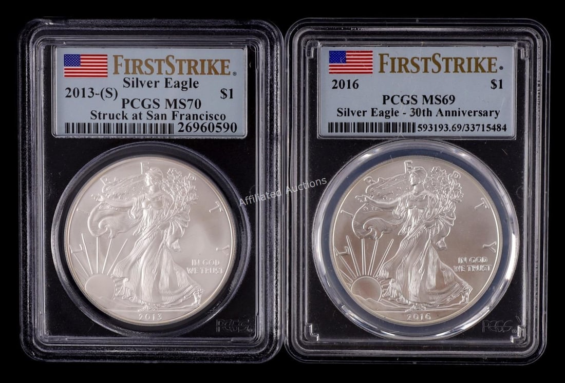 2 FIRST STRIKE PCGS GRADED SILVER AMERICAN EAGLES: Dates include 2013 S and 2016. This lot reserved at melt.