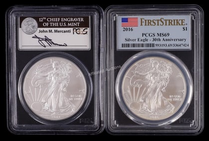 2 FIRST STRIKE PCGS GRADED SILVER AMERICAN EAGLES