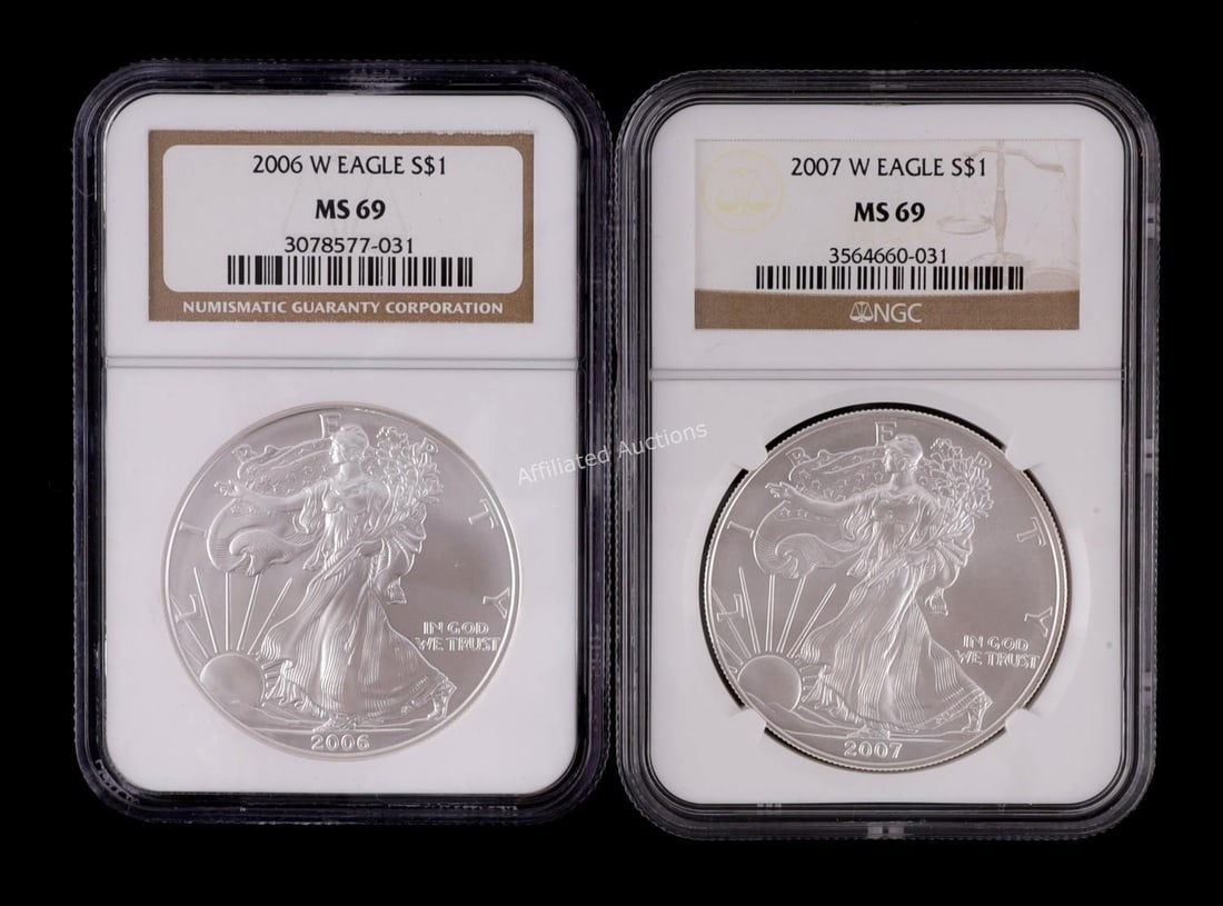 2 NGC GRADED MS 69 SILVER AMERICAN EAGLES: Dates are 2006 and 2007. This lot reserved at melt.