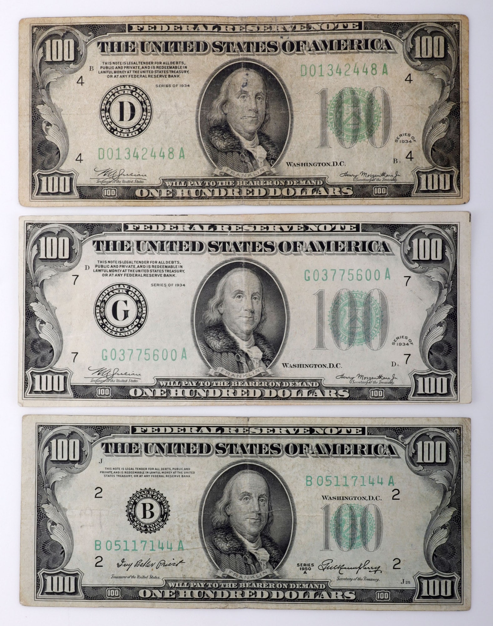 100 DOLLAR NOTE SERIES OF 1934 AND SERIES OF 1950: Free of pinholes. Folds visible. This lot has a reserve.