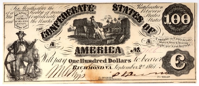1861 CONFEDERATE STATES 100 DOLLAR NOTE