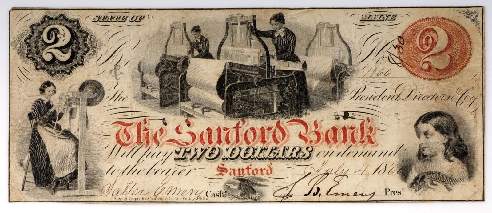 1866 THE SANFORD BANK TWO DOLLAR NOTE: No pin holes. Has some folds.