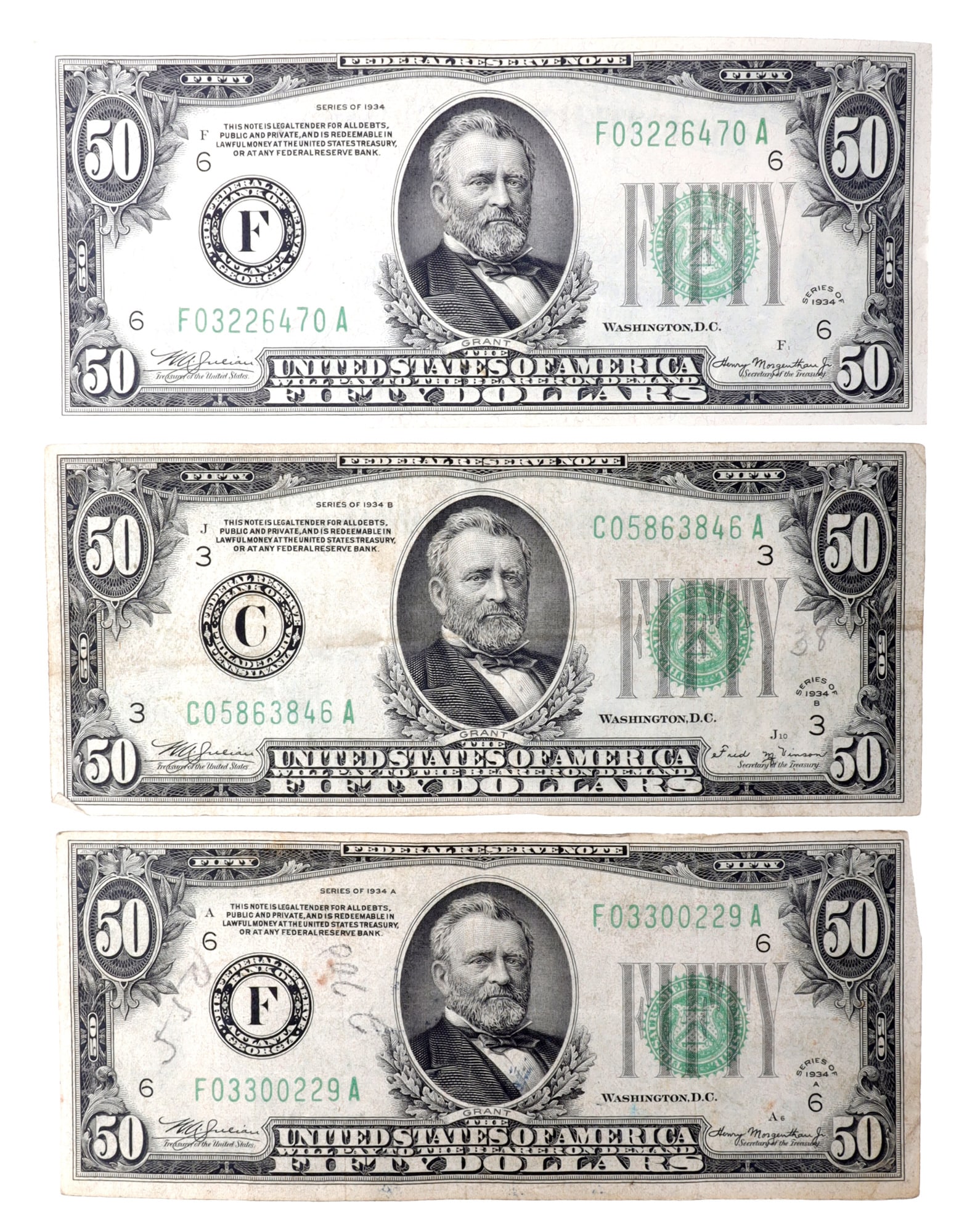50 DOLLAR NOTES SERIES OF 1934: No pinholes. One free of folds. This lot has a reserve.