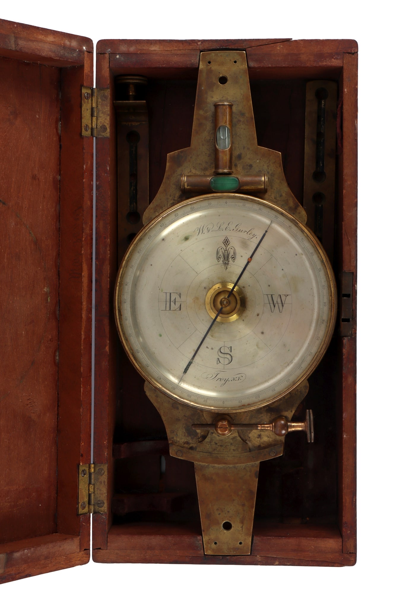 W. & L. E. GURLEY SURVEYOR VERNIER COMPASS & CASE: Surveyor's vernier compass in wood carrying case. Case lid has manufacturer's label of W. & L. E. Gurley, Troy, N.Y. and compass dial is likewise marked. Includes two sight arms. Case dimensions 4.5 x