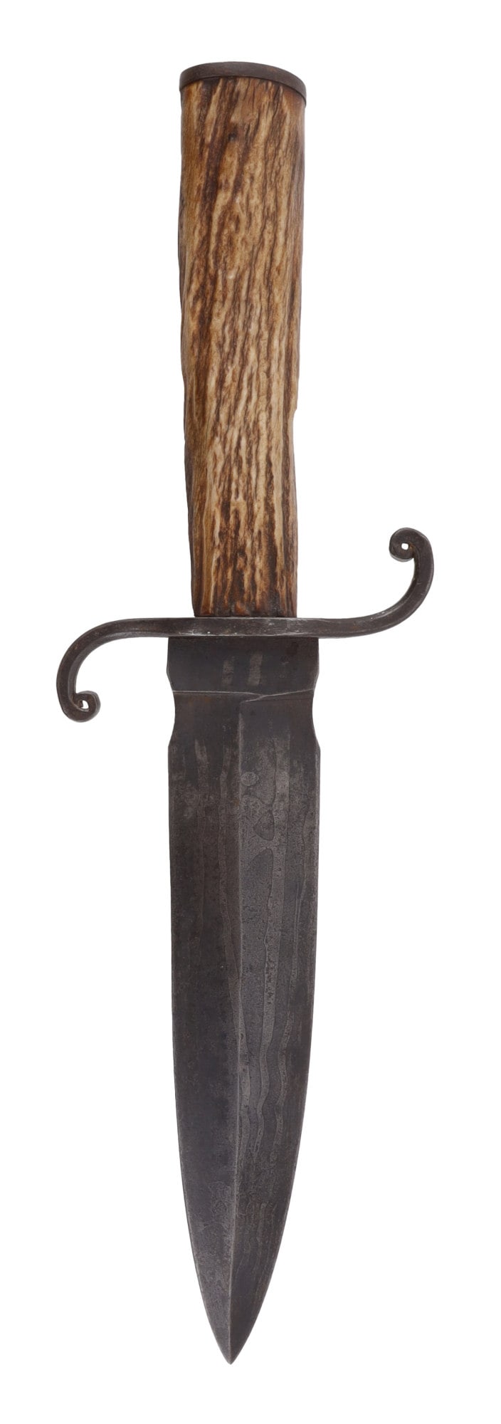 ANTIQUE 19TH CENTURY DAMASCUS KNIFE: Unknown make, Damascus blade, stag grip. It measures 11 1/4 X 1 5/16th inches