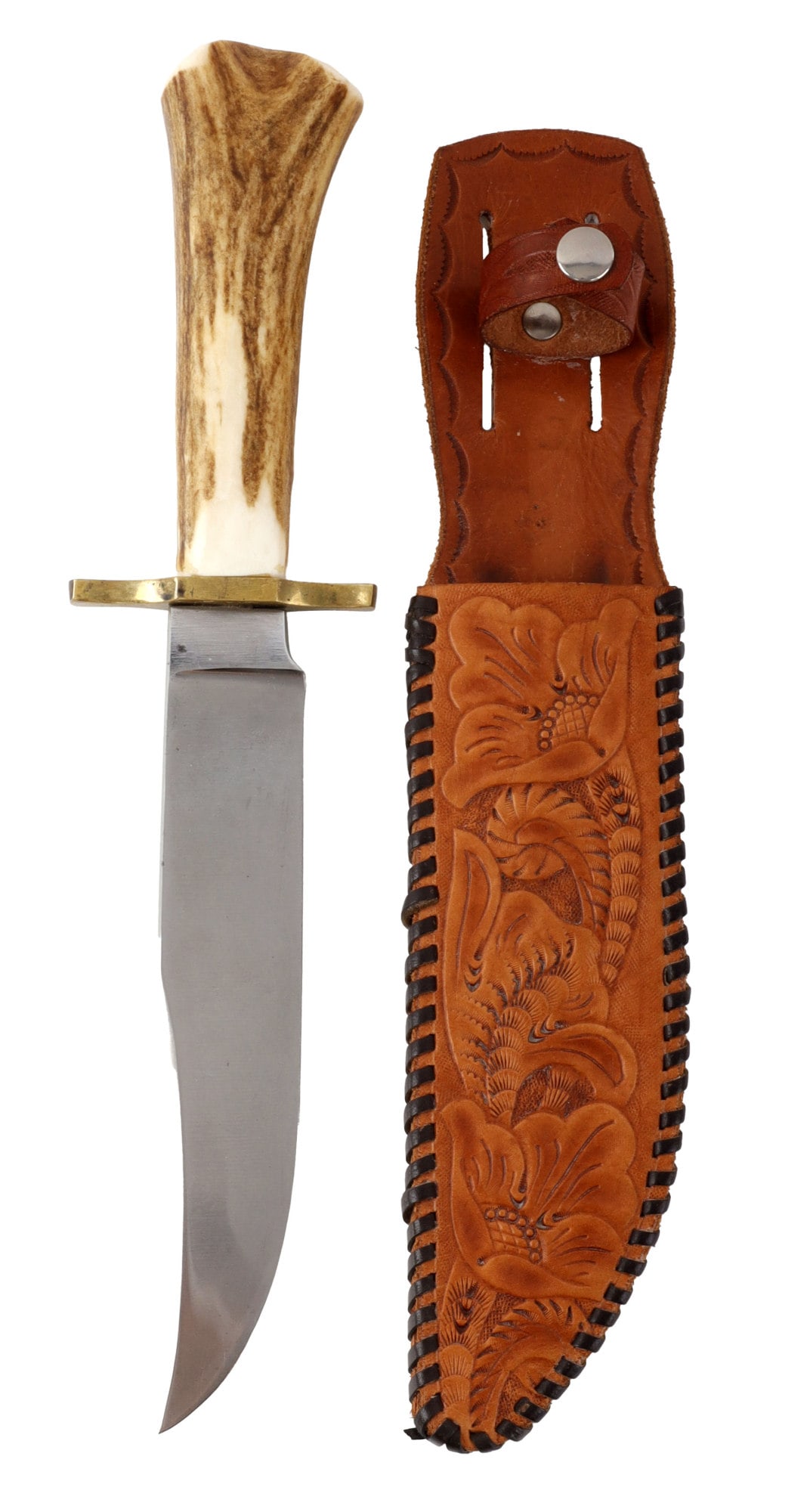 HAND-CRAFTED BOWIE KNIFE W/ STAG ANTLER HANDLE: A beautiful and unique hand crafted bowie-style hunting knife. Steel based blade with a brass guard. Handle features a hand carved & painted illustration of a brown bear, composed of deer / stag antle