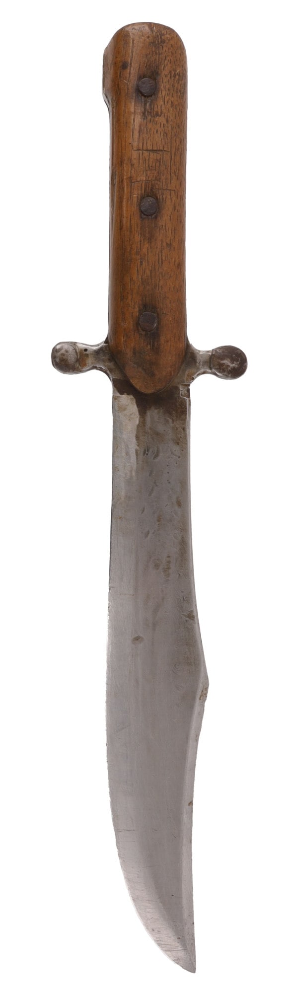LARGE ANTIQUE TWO HAND BOWIE KNIFE: No maker mark. Likely homemade. The blade measures 11 inches. The handle measures 6 5/8 inches.