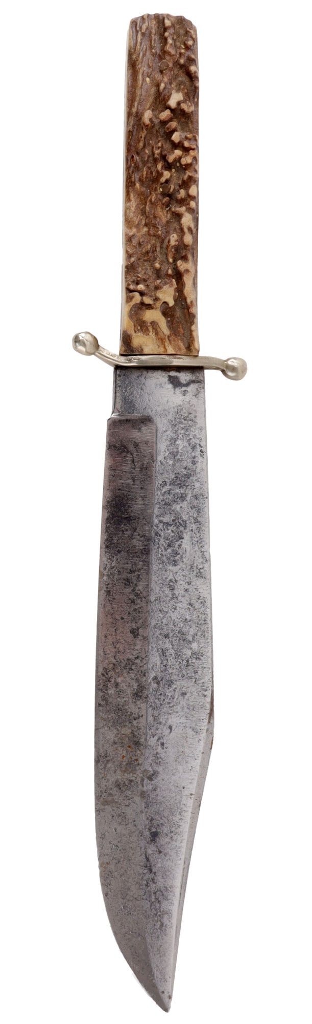 LOFFE SOLINGEN BOWIE KNIFE STAG GRIP: Steel blade with stag grip and nickel cross guard. Loffe marked. Measures 15 1/4 inches.