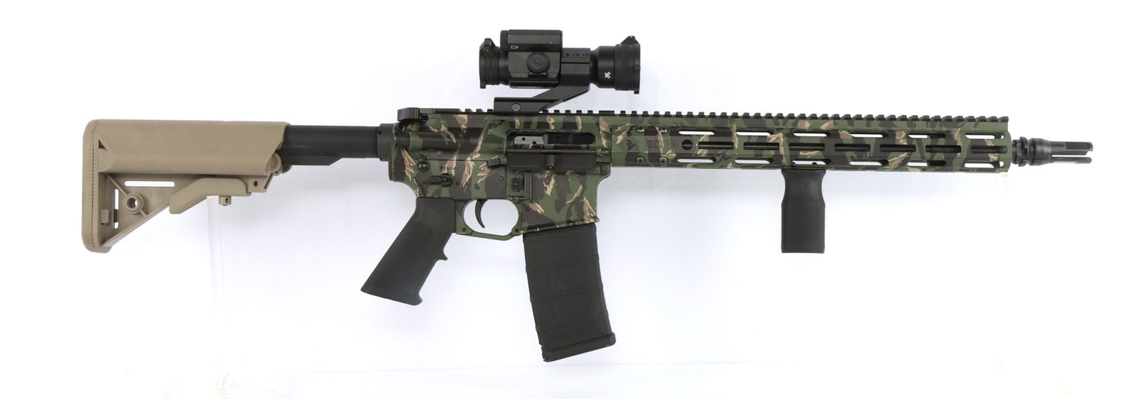 CUSTOM TIGER STRIPE CAMO AR-15 5.56 NATO RIFLE: Custom AR-15 semi-automatic rifle with tiger stripe camouflage Cerakote and Vortex Strikefire II green dot optic. Built with Andro Corp Industries ACI-15 lower receiver, Brass Aluminum Forging flat to