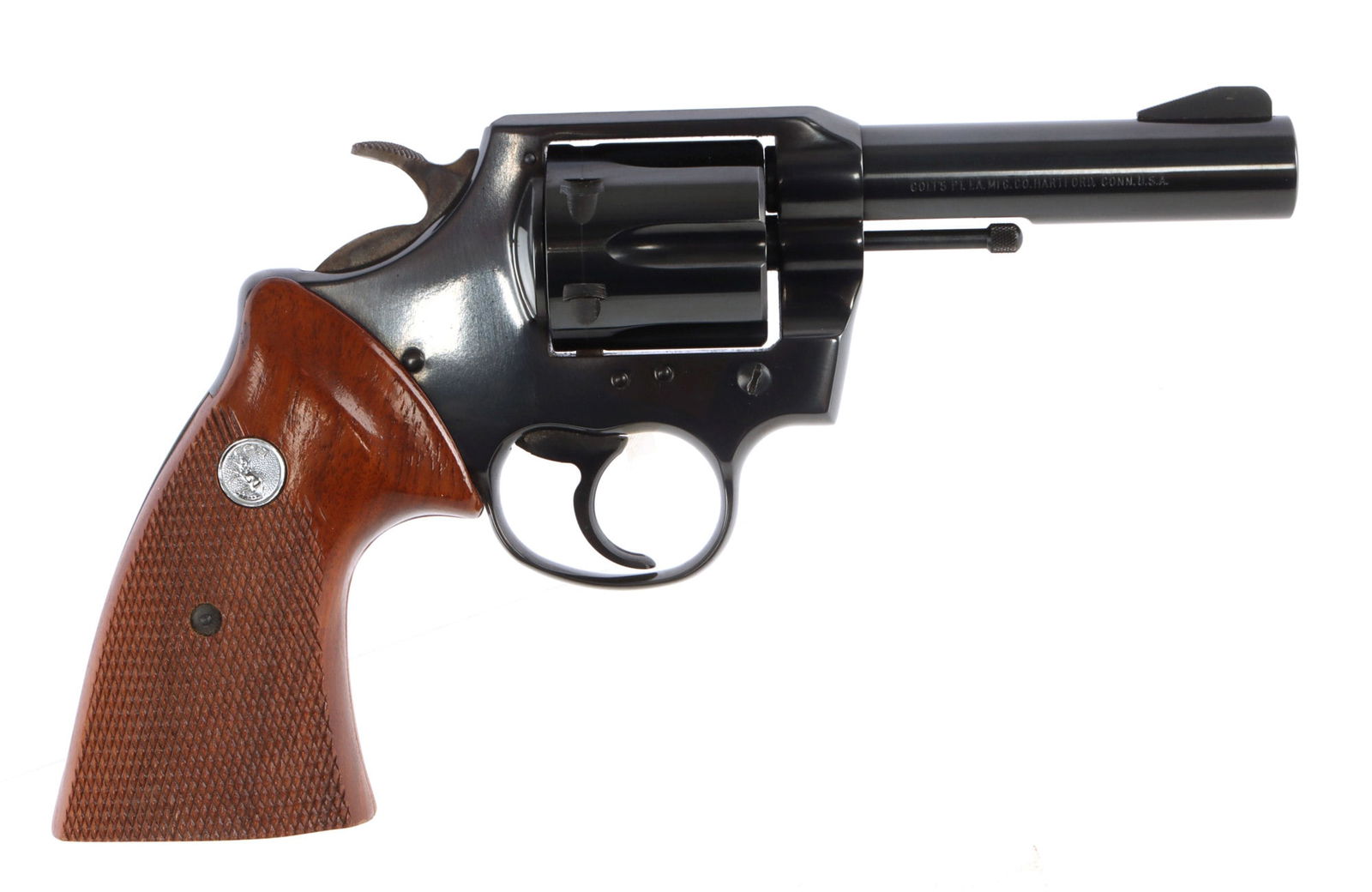 COLT LAWMAN MK III .357 MAGNUM DA/SA REVOLVER: Colt Lawman Mk III double-action revolver, ca. 1976 production. With RH OWB black leather holster. Barrel length 4 inches. Very good condition. Mechanically fine, functions without issue. Bore is brig