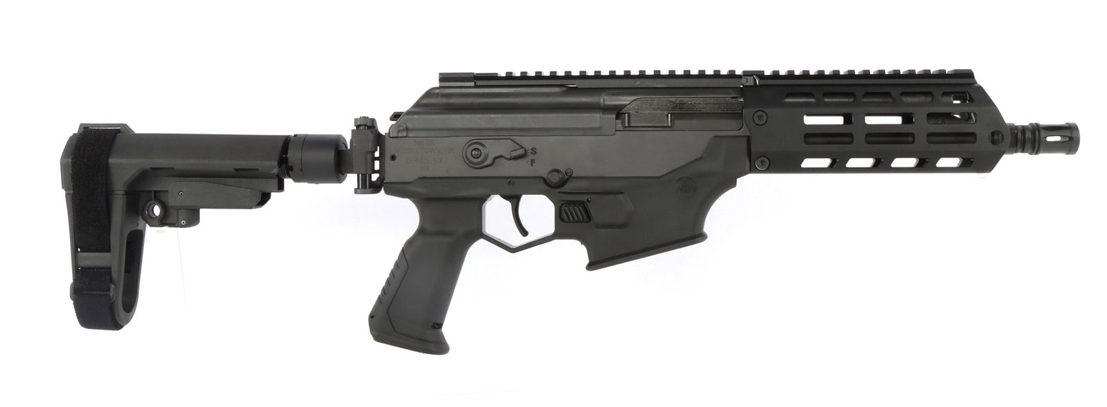 IWI GALIL ACE GEN II 5.56X45MM SIDE FOLDING PISTOL: New in box IWI Galil ACE GEN II semi-automatic pistol. Barrel length 8.3 inches. Full length 2-piece Picatinny style top rail. Free Float M-LOK rail forearm. SB Tactical SBA-3 side folding stabilizer 