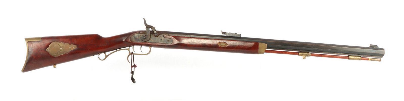 CVA HAWKEN DOUBLE SET .50 CAL BLACK POWDER RIFLE: Connecticut Valley Arms .50 cal muzzle-loading black powder percussion rifle with ramrod. Octagonal 28-inch barrel. Double set trigger, hardwood half stock, brass fittings and case-colored lock plate.