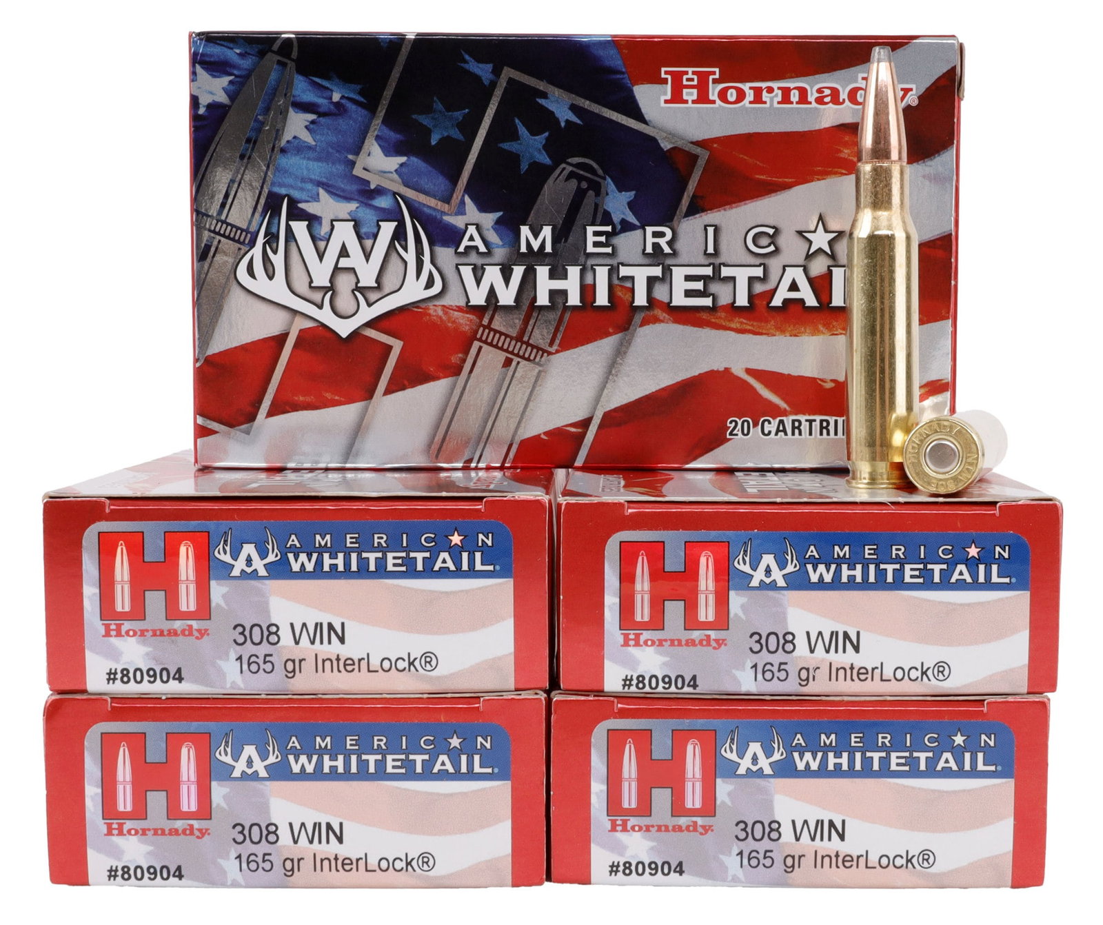 100 RDS .308 WIN 165GR SP HORNADY WHITETAIL AMMO: Lot of 100 rounds factory new .308 Winchester 165gr InterLock Hornady American Whitetail rifle ammunition. No international shipping. This lot has a reserve.