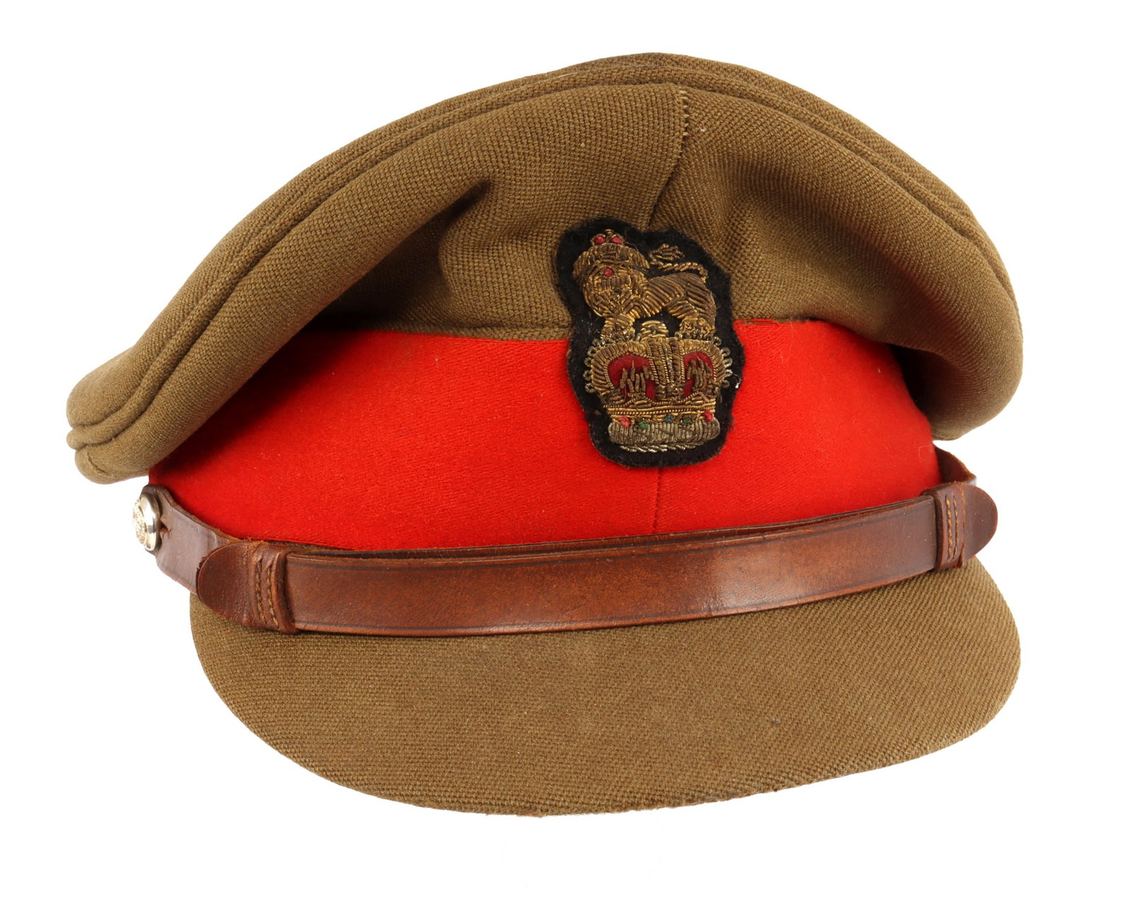 WWII BRITISH ARMY STAFF OFFICER CRUSHER VISOR CAP: Of olive drab barathea with red wool band, leather chinstrap and insignia hand-embroidered in bullion wire thread. Interior has leather sweatband, deteriorating celluloid liner over green felt. Maker'