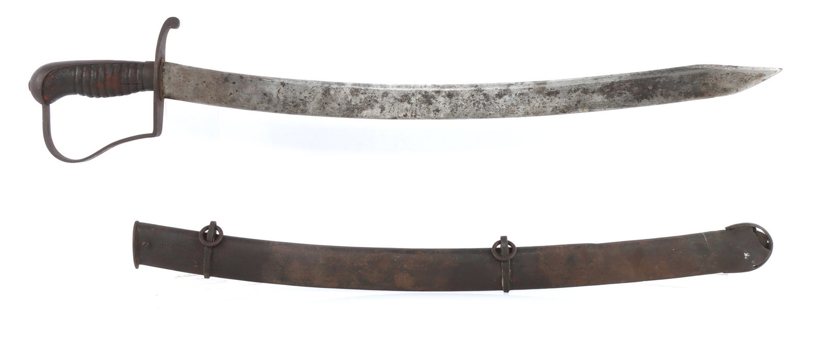 CONFEDERATE N STARR 1812 CONTRACT SABER CUTLASS: Civil War CSA modified N. Starr 1812 contract cavalry saber with scabbard. Blade has been shortened to 23.75 inches, retaining the clip point. Scabbard likewise shortened. Ricasso marked "P HHP N. Sta