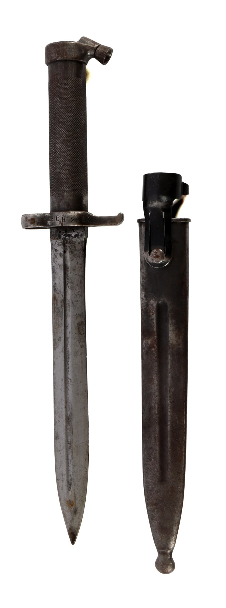 SWEDISH M1896 MAUSER BAYONET WITH SCABBARD: With scabbard and retention clip. Ricasso has maker's mark of Eskilstuna Jernmanufactur AB. Cross guard marked "GBK 2983. Scabbard marked "GBK." Very good condition.